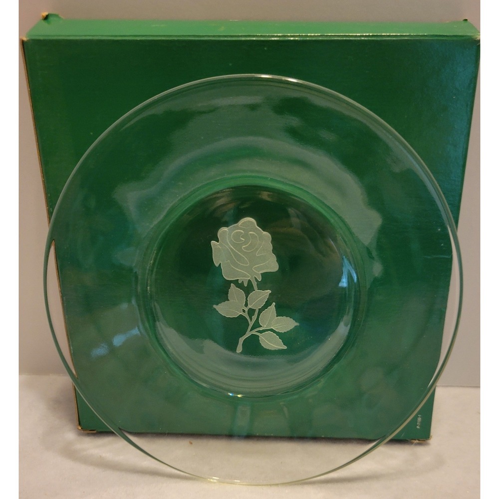 Vtg Avon Glass Dessert Plate Etched Frosted Rose Farmhouse Minimalist Clear 8in